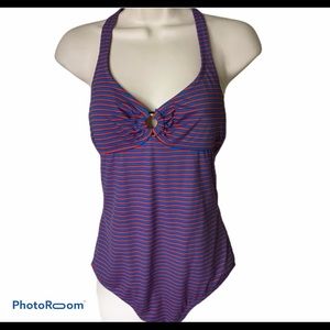 J.Crew Women’s One Piece Swimsuit Blue and Red Striped Retro Swimwear